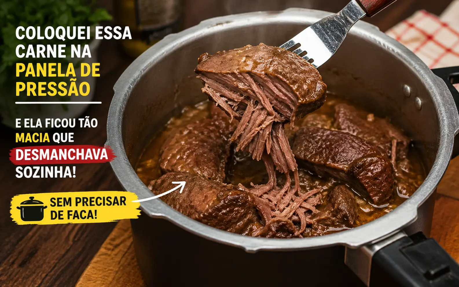 Coloquei essa carne na panela de pressão e ela ficou tão macia que desmanchava sozinha, sem precisar de faca