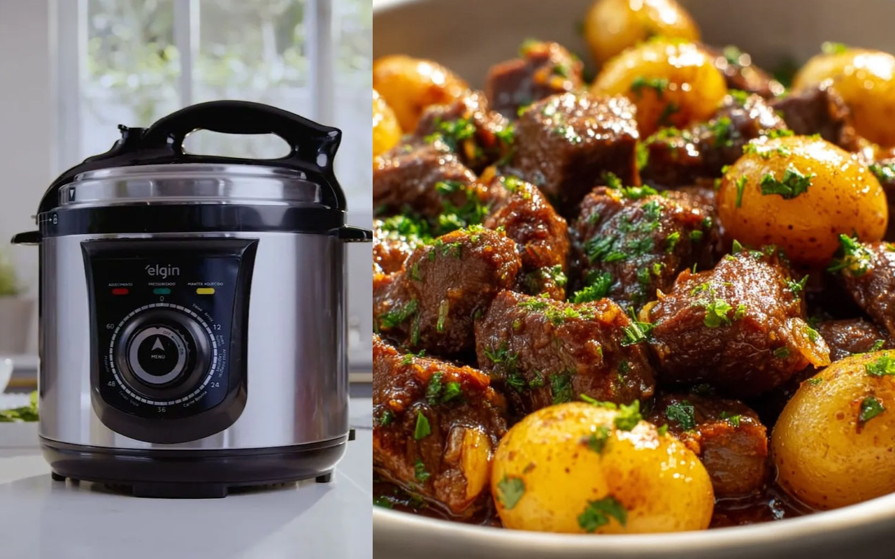 Fiz carne com batata gastando pouco na panela de pressão elétrica e o resultado foi um almoço completo, macio e cheio de sabor