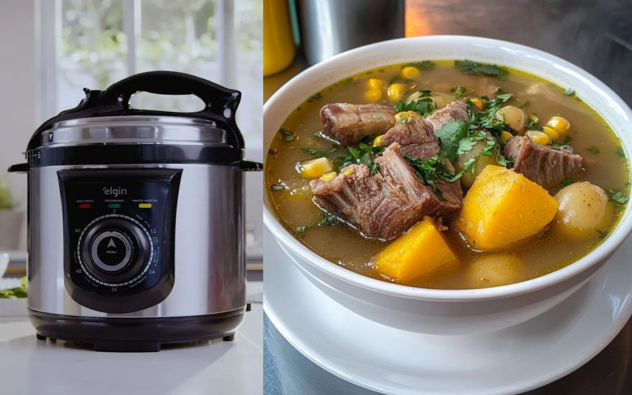 Fiz um caldo caseiro fácil de fazer na panela de pressão elétrica e ele ficou cremoso, saboroso e pronto rapidinho para toda a família
