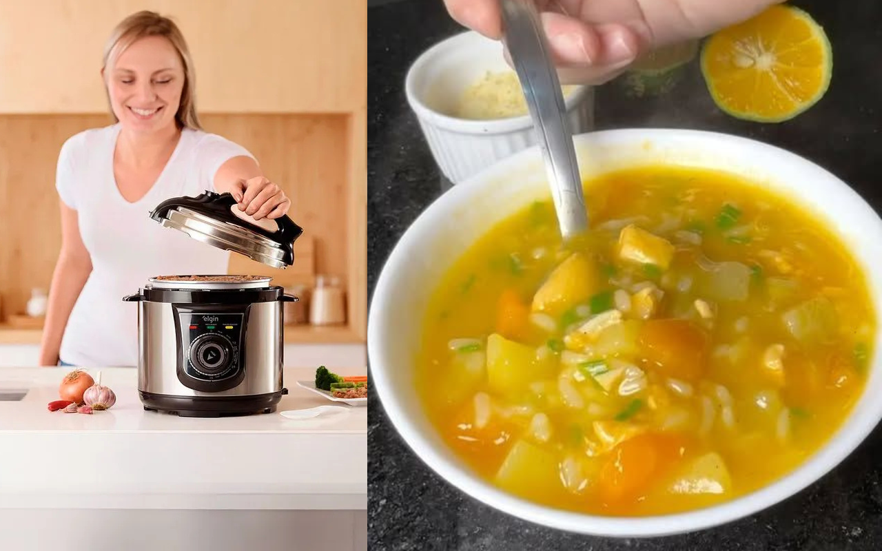 Coloquei alguns legumes na panela de pressão elétrica e em poucos minutos saiu uma sopa quentinha, leve e cheia de sabor