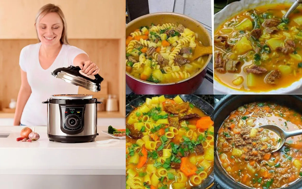 Coloquei frango e macarrão na panela de pressão elétrica e em poucos minutos saiu uma sopa quentinha, saborosa e perfeita para qualquer hora