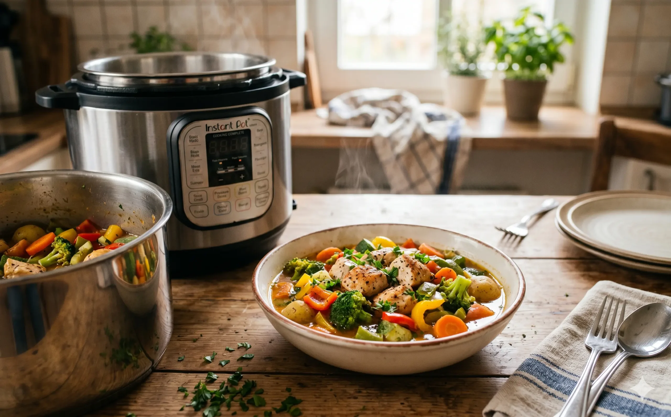 Coloquei frango e legumes na pressão elétrica e em poucos minutos saiu uma refeição completa, leve e cheia de sabor